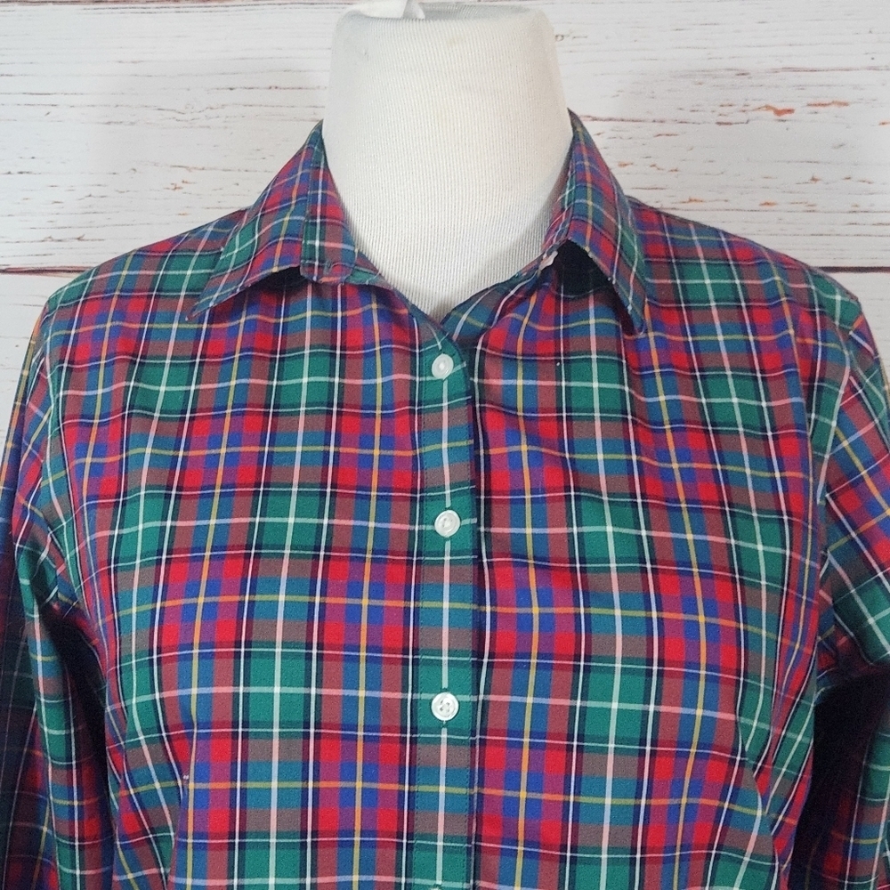 LANDS END Tartan Plaid Button-Up Shirt Red Green Blue Christmas Holiday Size 14 - Picture 2 of 6
